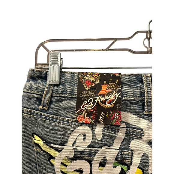 Ed Hardy NWT Love Kills Slowly Size Small Denim Jean Mini Skirt Skull Heart Blue - Picture 7 of 10